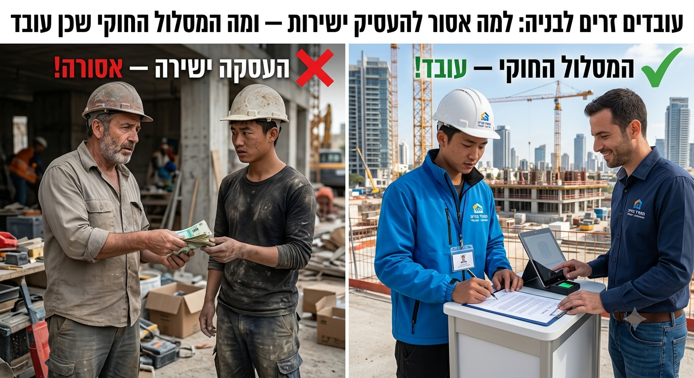 עובדים זרים לבניה: למה אסור להעסיק ישירות — ומה המסלול החוקי שכן עובד